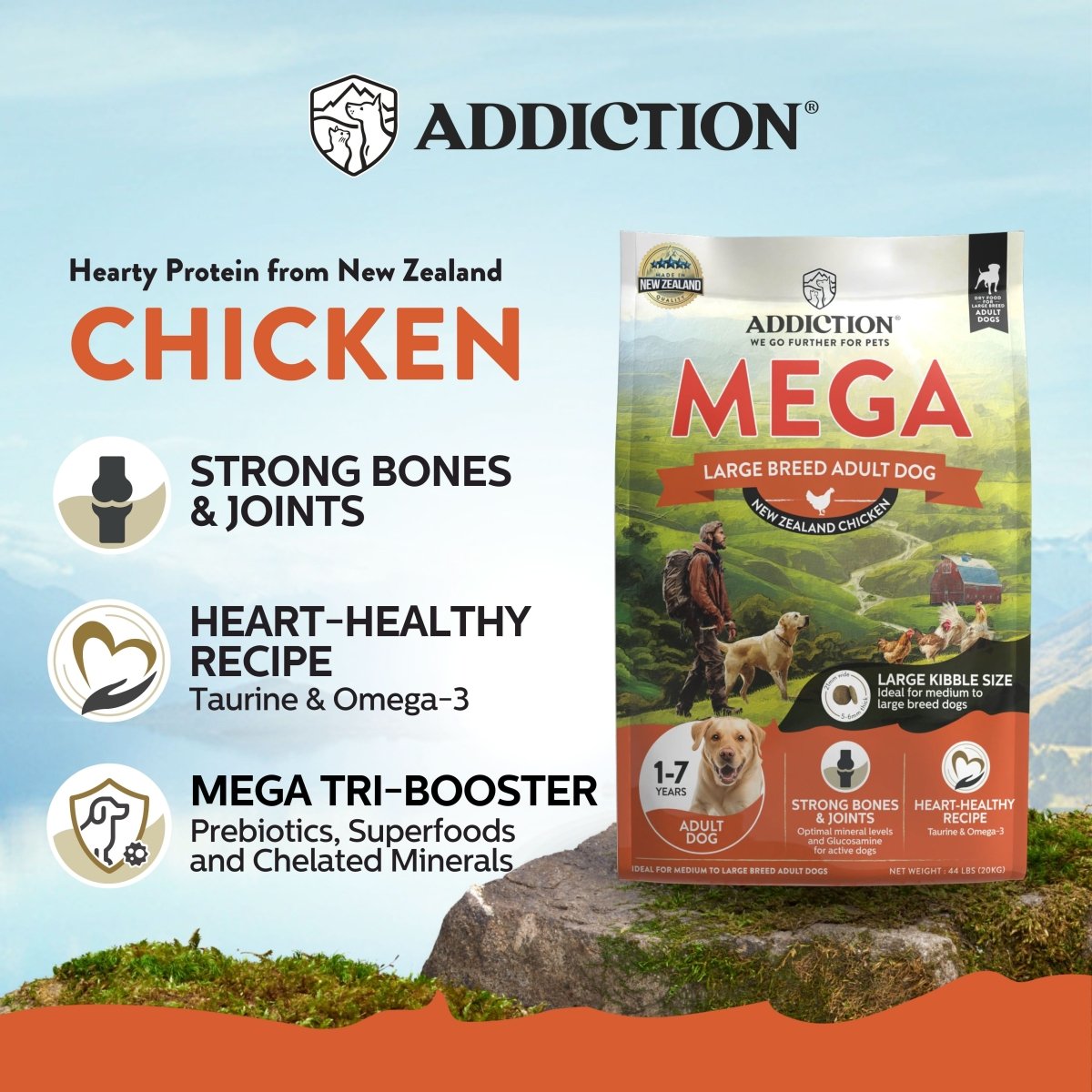 Mega Large Breed Chicken Adult 20kg - Dry Dog Food - Addiction Pet Australia